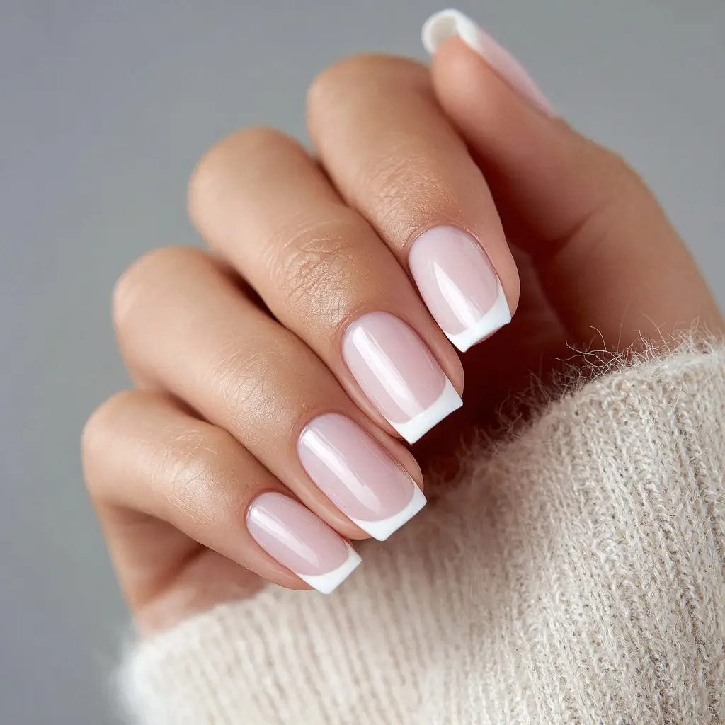 white and nude square medium nails with french and minimalist