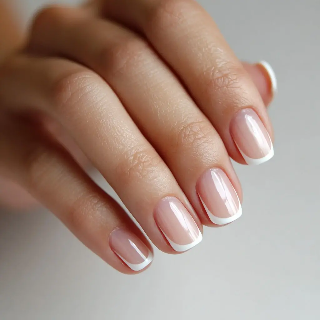 nude and white square medium nails with french and minimalist