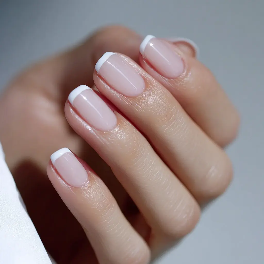 white and nude square medium nails with french and minimalist