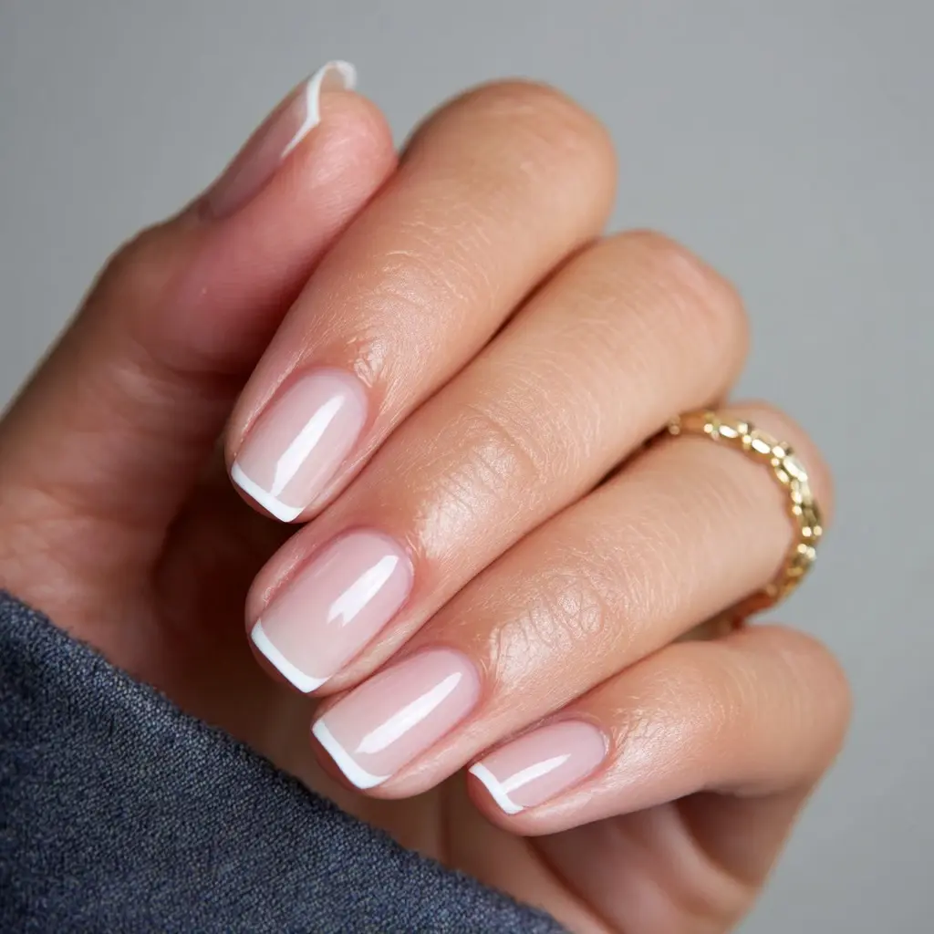 nude and white square medium nails with french and minimalist