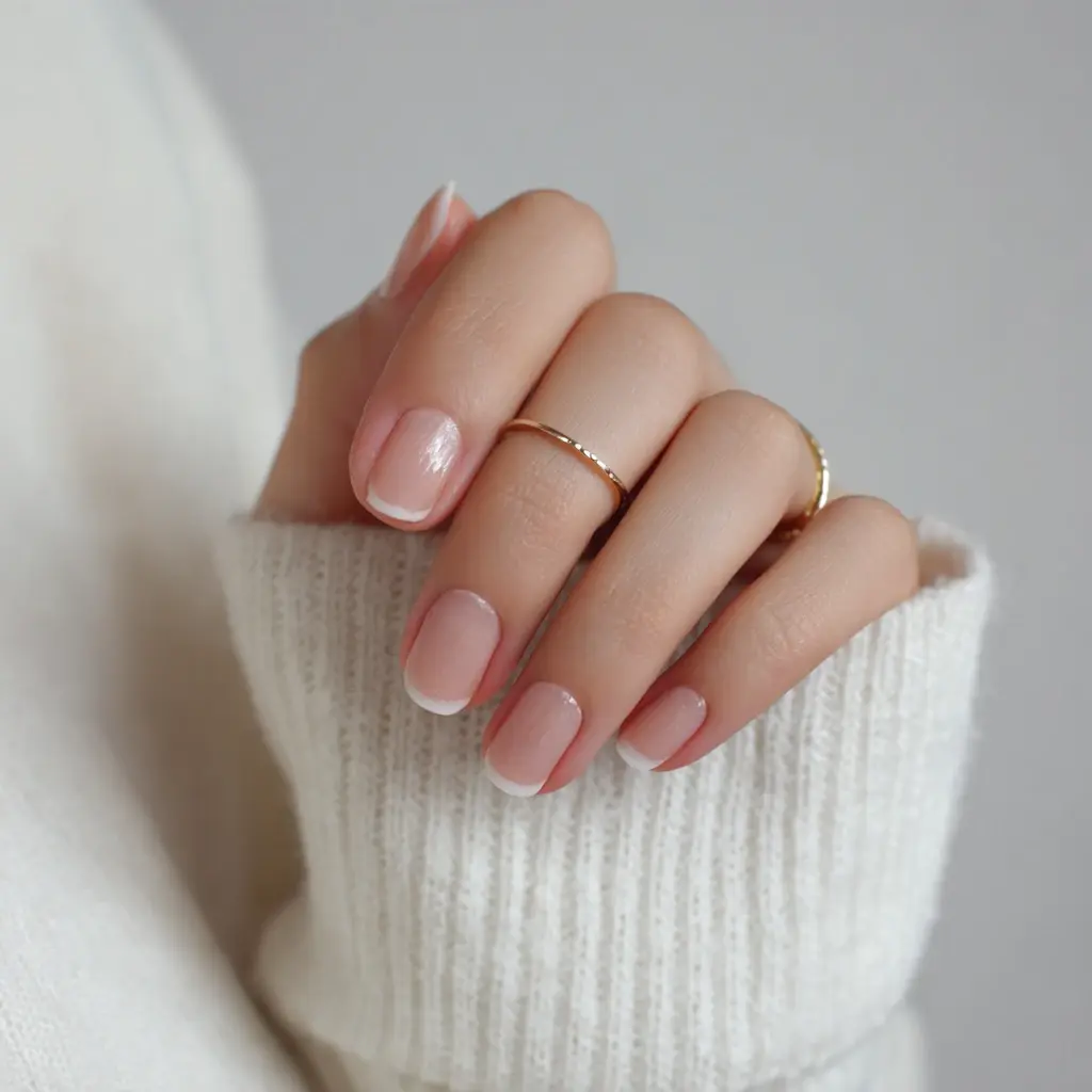 nude and white square short nails with french and minimalist