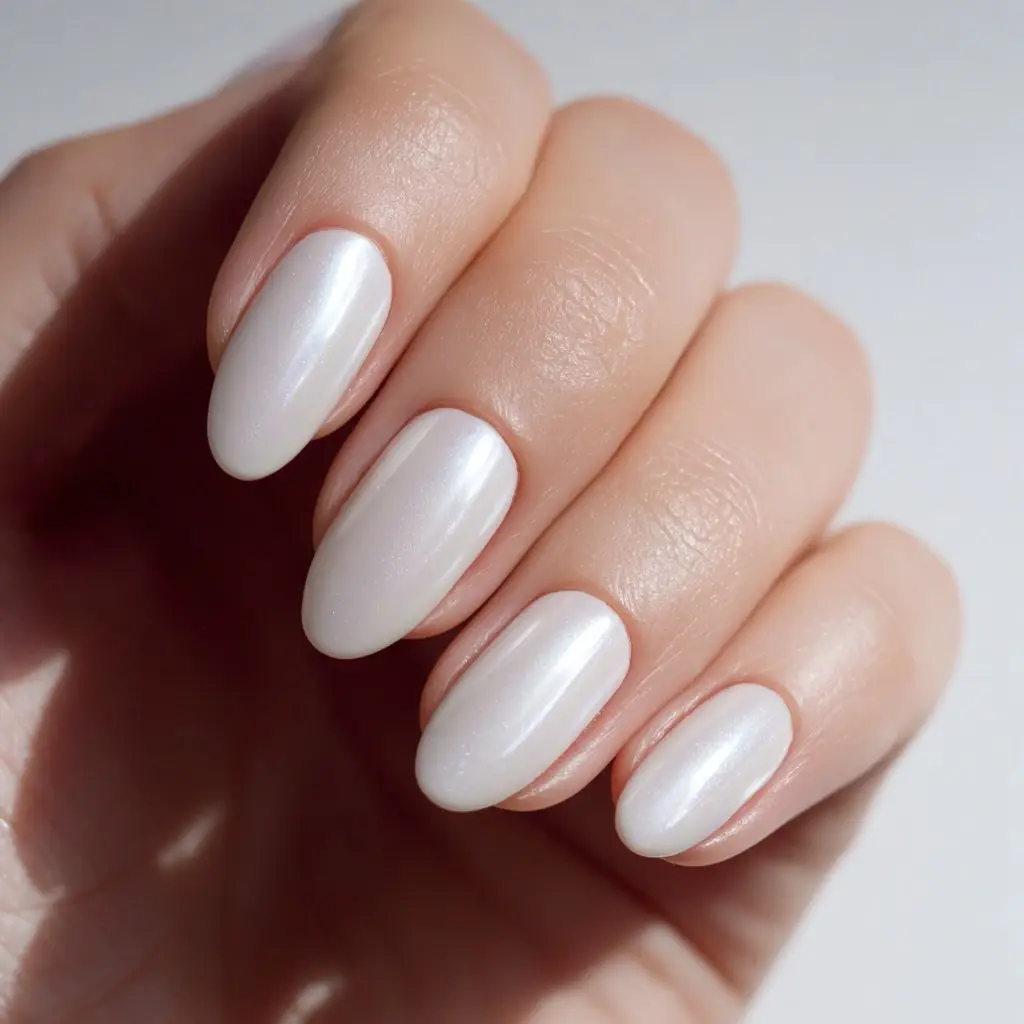 white almond medium nails with glossy and minimalist