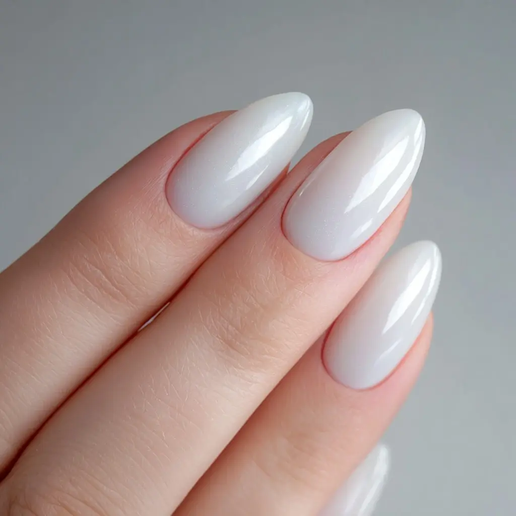 white almond long nails with glossy and minimalist