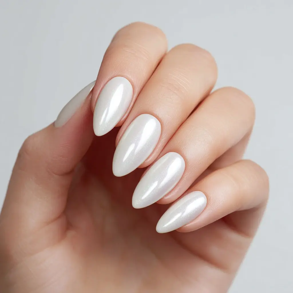 white stiletto long nails with glossy and minimalist