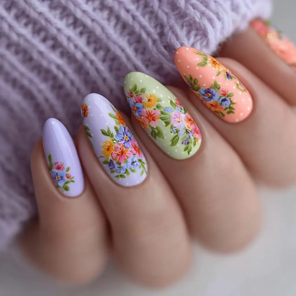 pink and green almond medium nails with floral