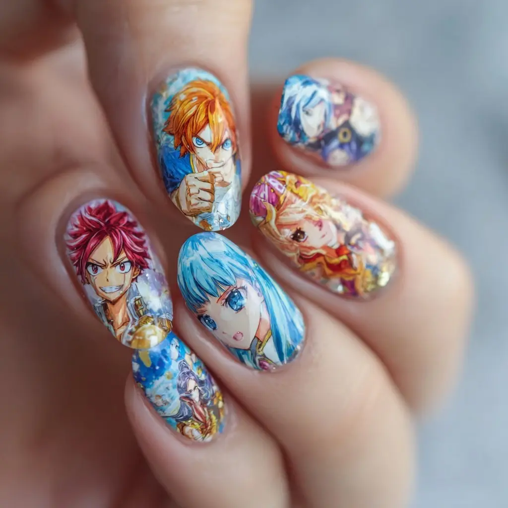 blue and orange coffin medium nails with abstract and 3d