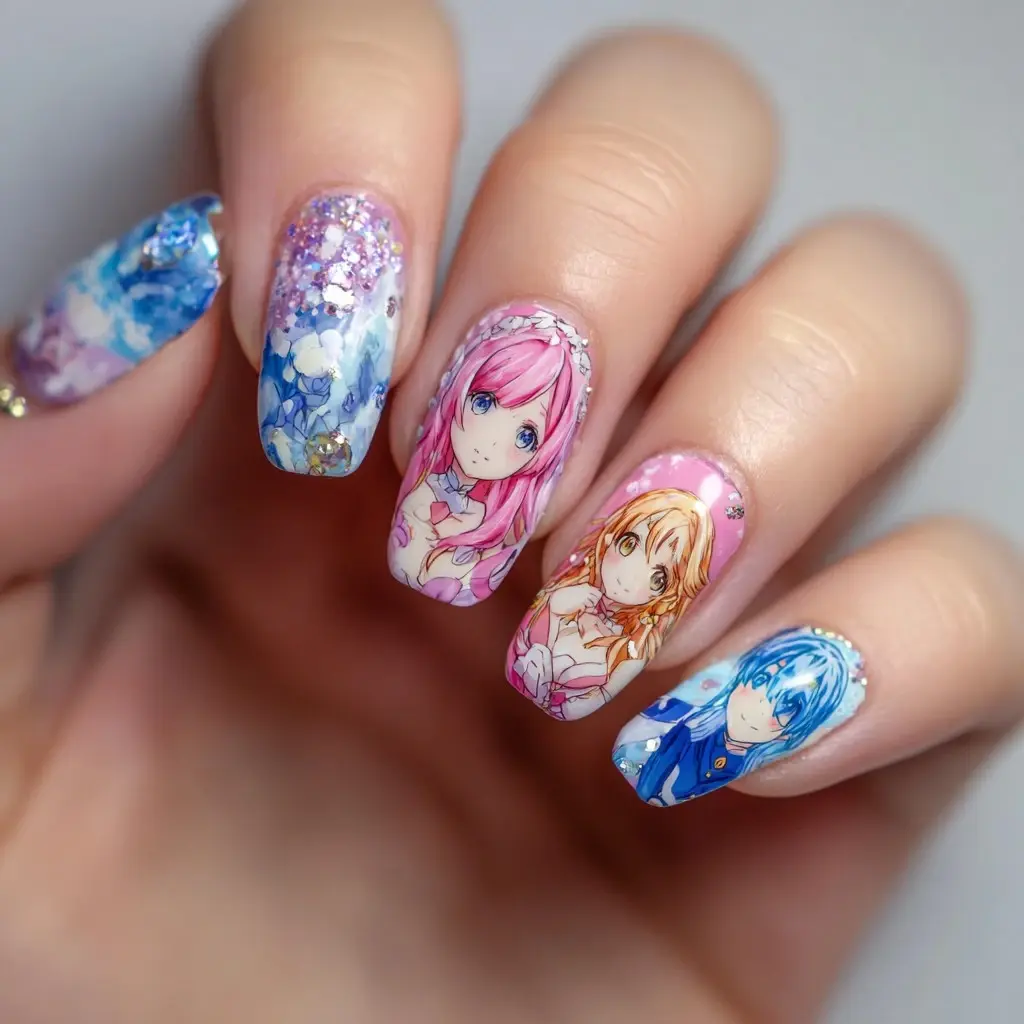 pink and blue coffin medium nails with floral and abstract
