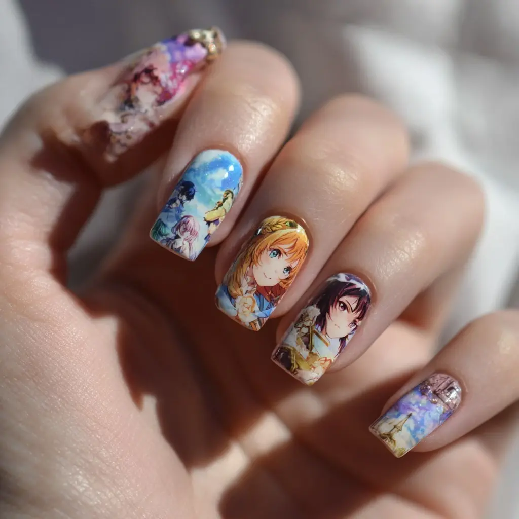 blue and orange square medium nails with abstract and floral