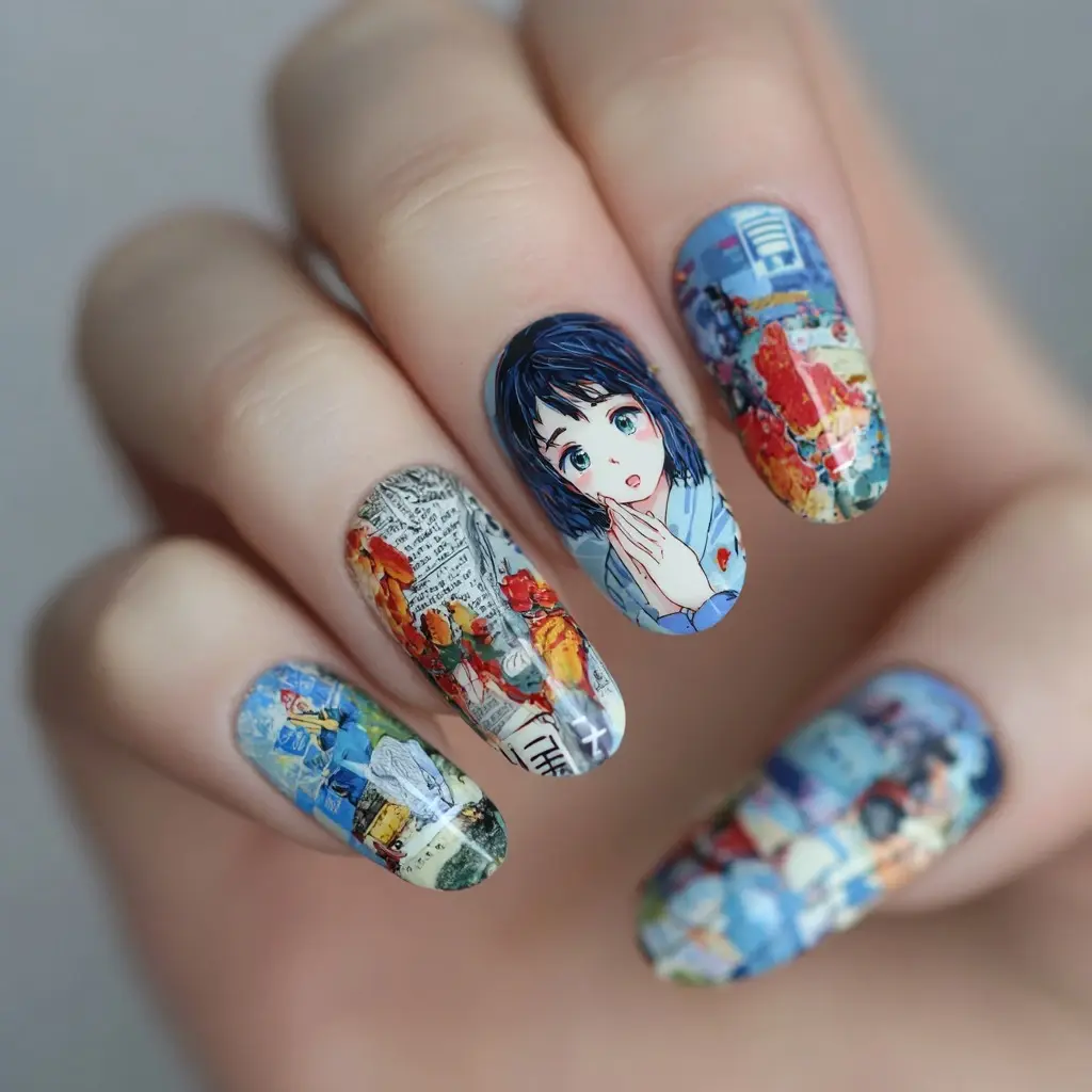blue and red coffin medium nails with abstract and floral