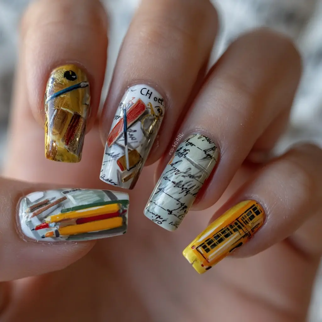 yellow and white oval medium nails with abstract and 3d