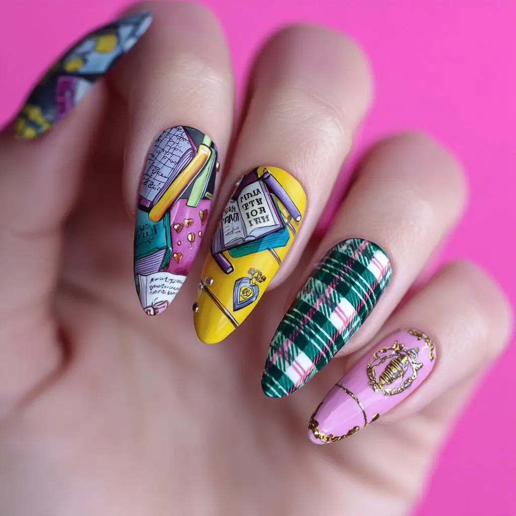 pink and yellow almond medium nails with abstract and floral