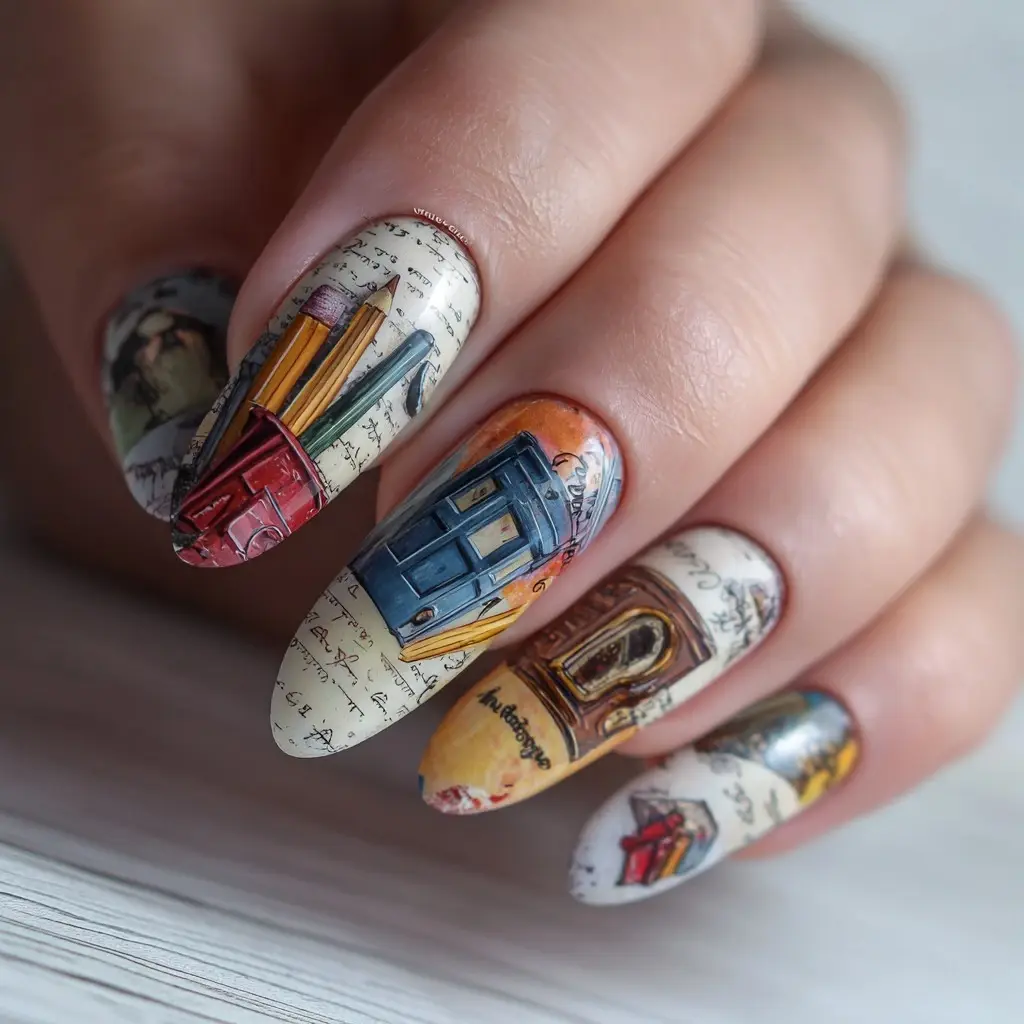 blue and orange almond medium nails with abstract and glossy