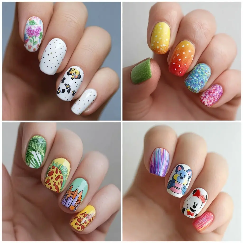 pastel and yellow oval medium nails with floral and abstract
