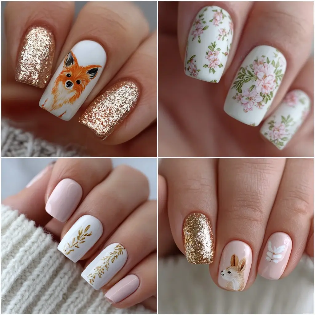 pink and gold round medium nails with floral and abstract