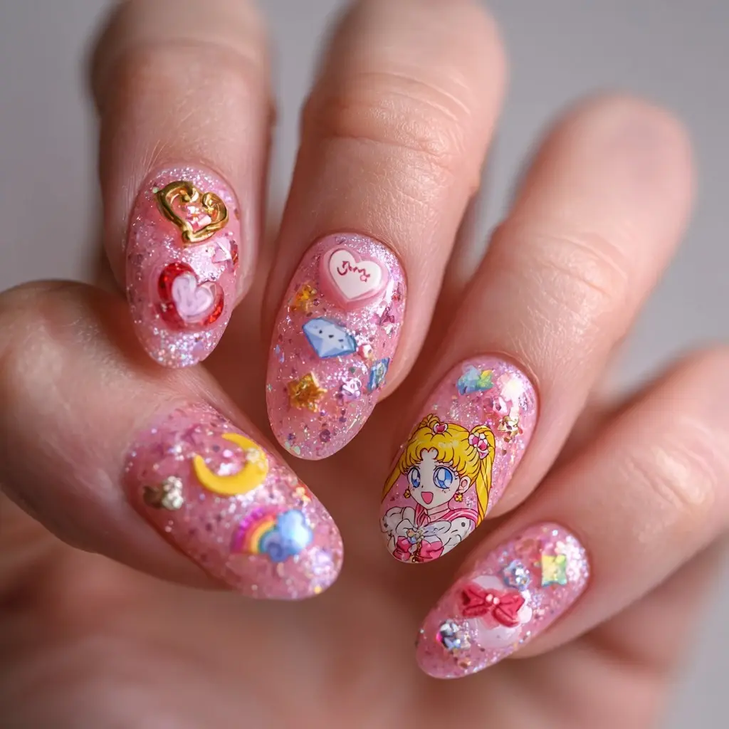 pink and red coffin medium nails with glitter and floral