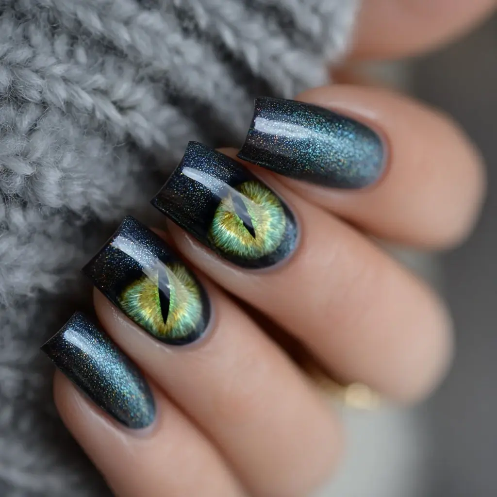 green and black coffin medium nails with abstract and glitter