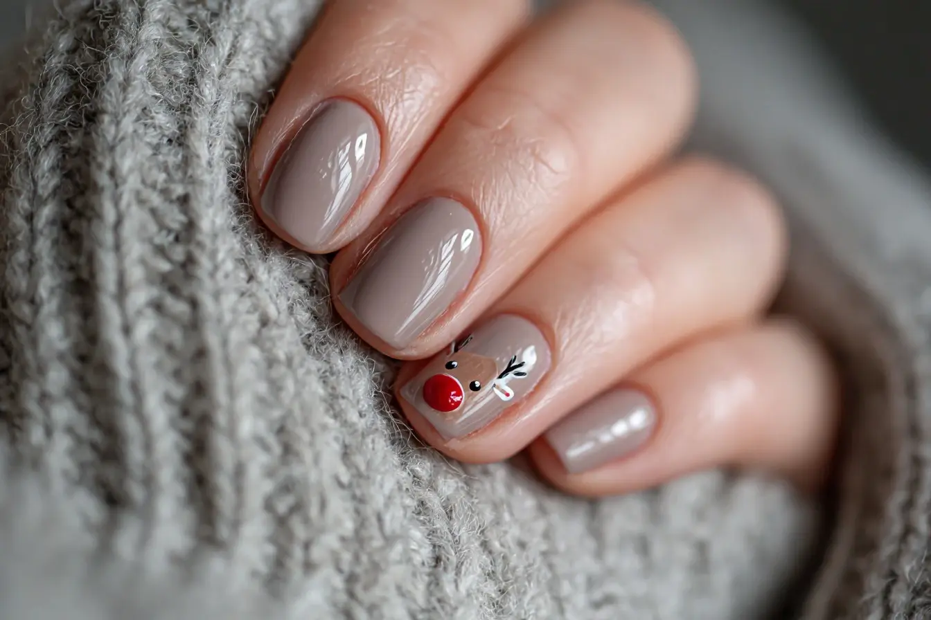 Cute Christmas Reindeer Design on Nude Square Nails