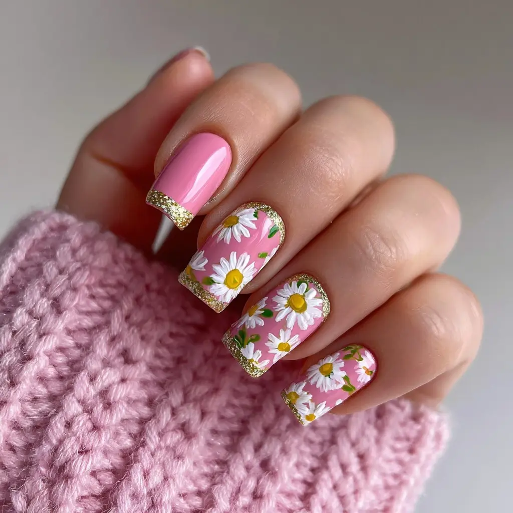 pink and yellow coffin medium nails with floral and glossy