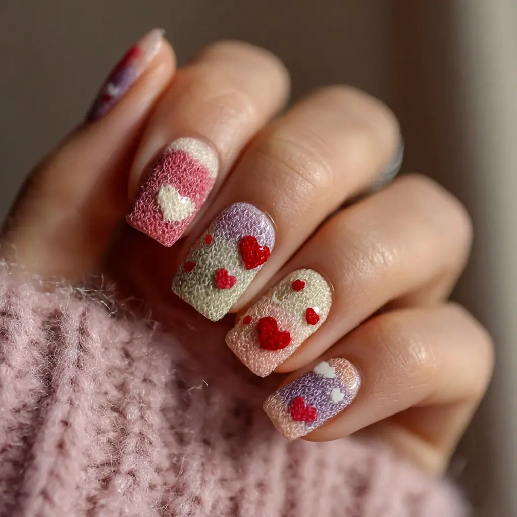 pink and purple square medium nails with floral and abstract