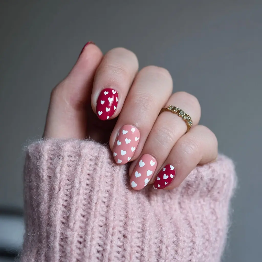 red and pink square medium nails with floral and abstract