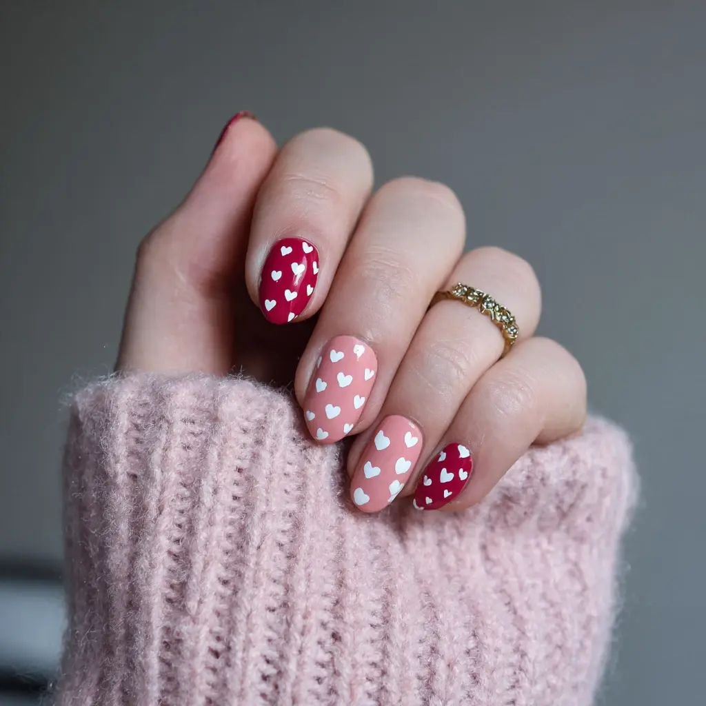 pink and red almond medium nails with floral and abstract