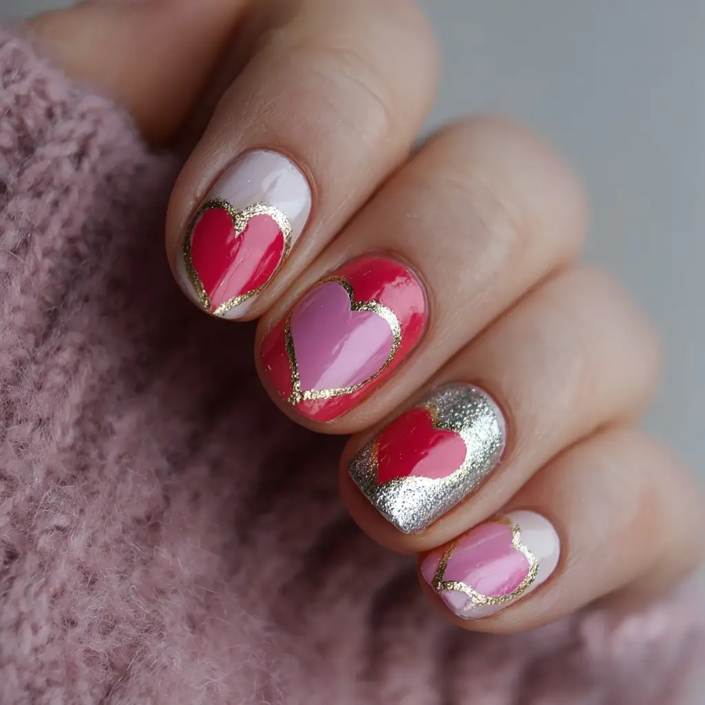 red and pink oval medium nails with floral and abstract