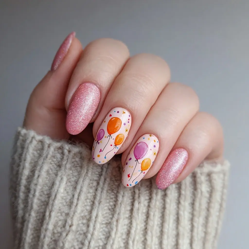 pink and purple oval medium nails with floral and abstract
