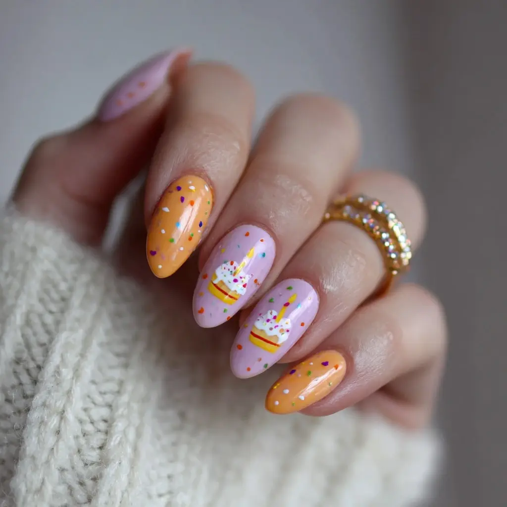 pink and orange almond medium nails with floral and abstract