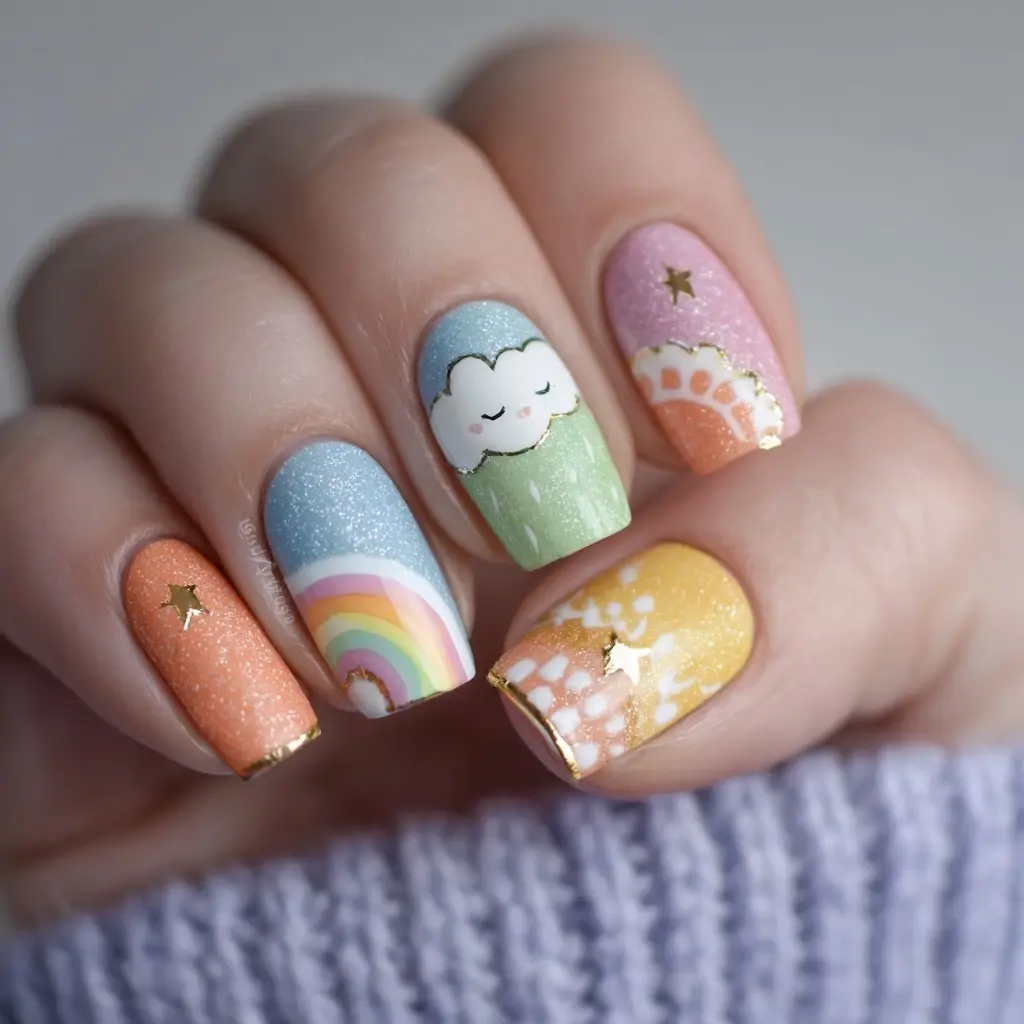 pastel and pink oval medium nails with floral and abstract