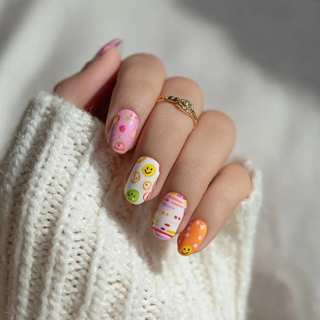 pink and orange round medium nails with french and abstract