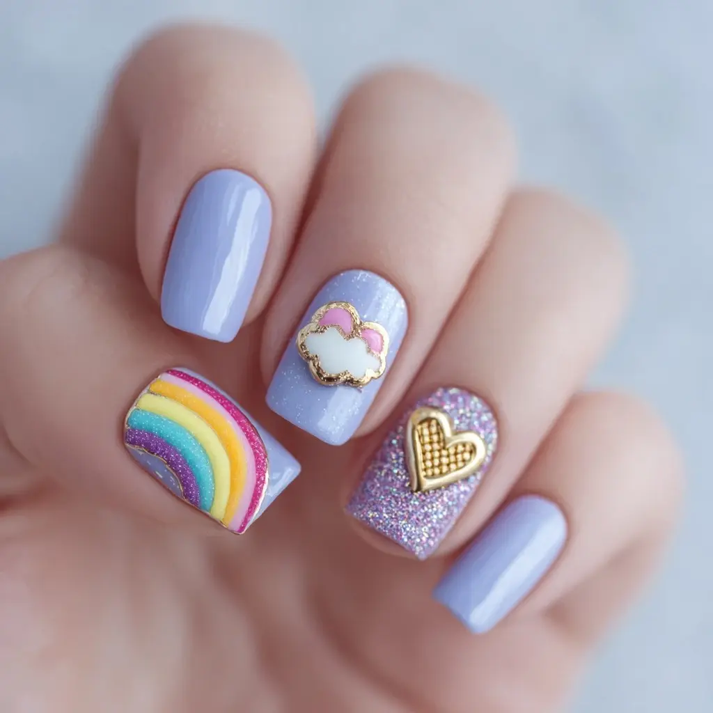 purple and pink square medium nails with floral and abstract