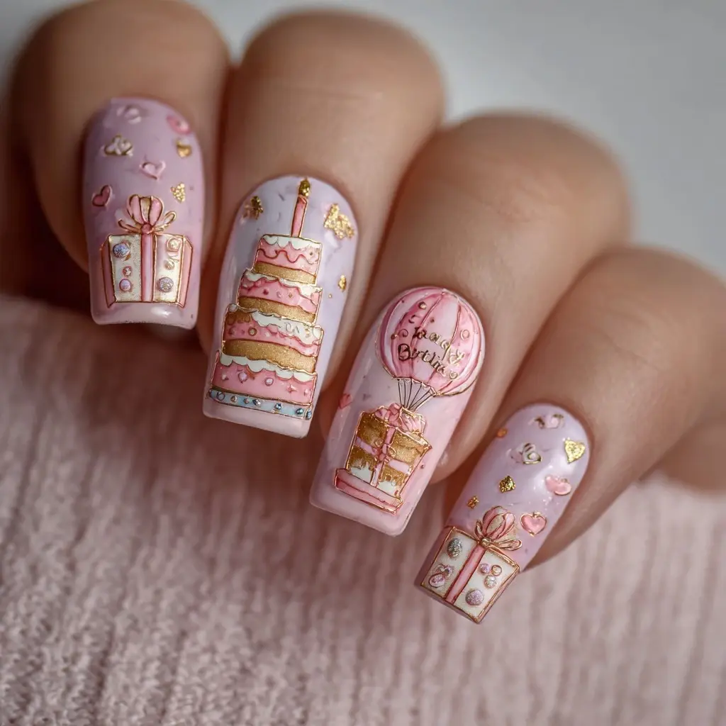 pink and gold coffin medium nails with floral and abstract
