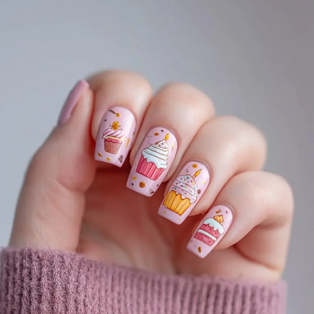 pink and pastel round medium nails with floral and abstract