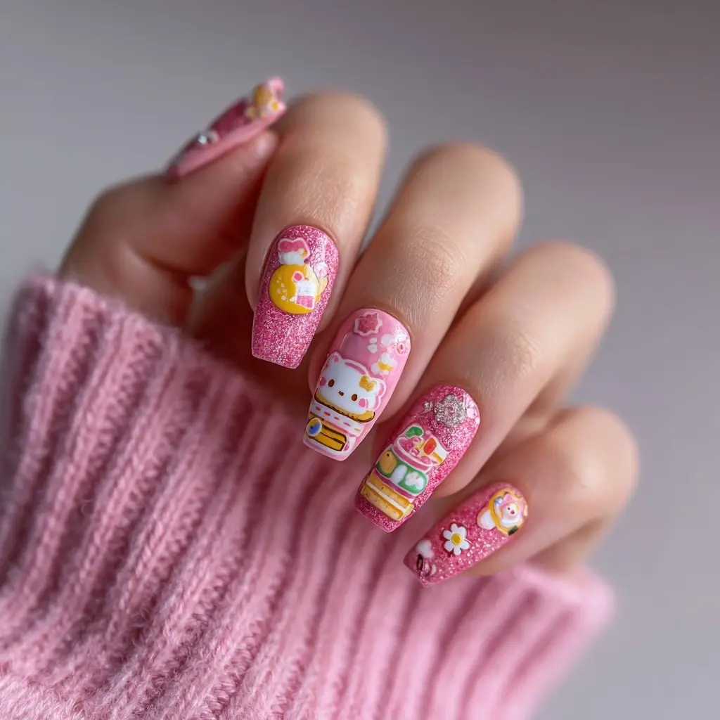 pink and pastel coffin medium nails with floral and glossy