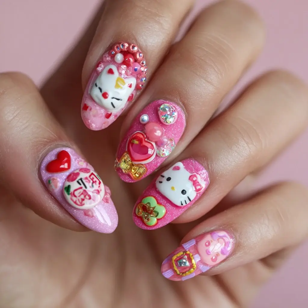 pink and red oval medium nails with 3d and floral