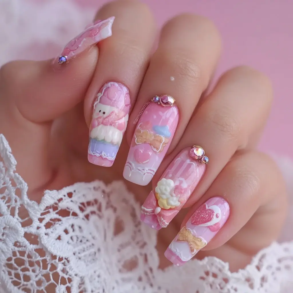 pink and pastel coffin long nails with floral and abstract
