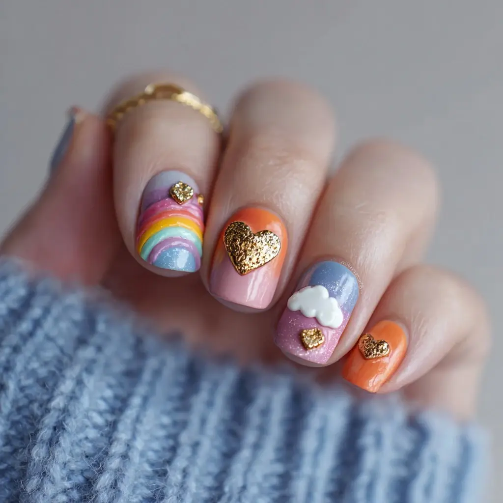 pink and blue coffin medium nails with abstract and glitter