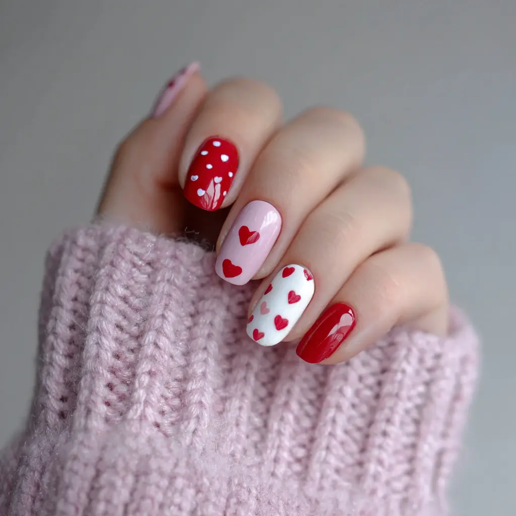 red and white coffin medium nails with floral and abstract