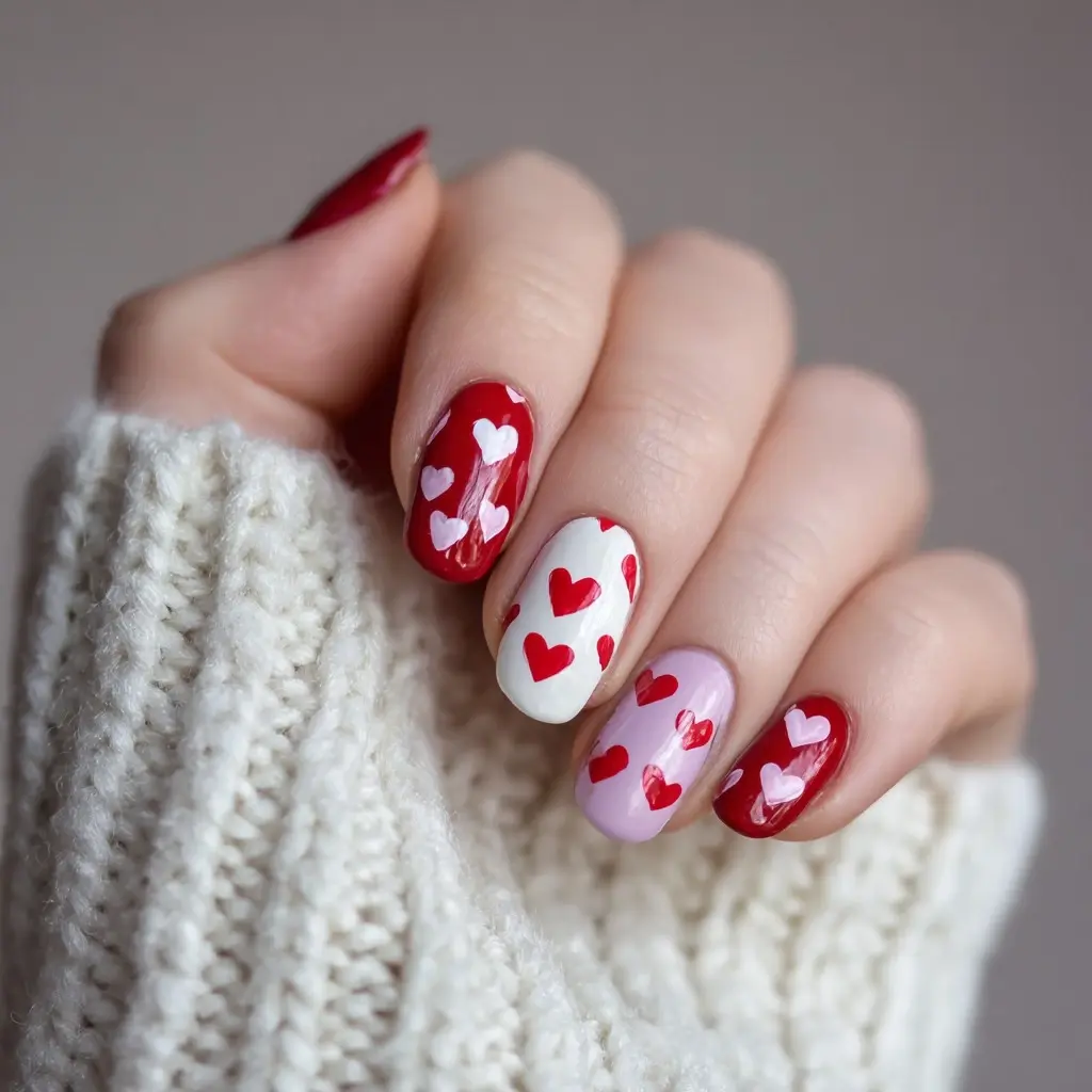 red and white square medium nails with floral and abstract
