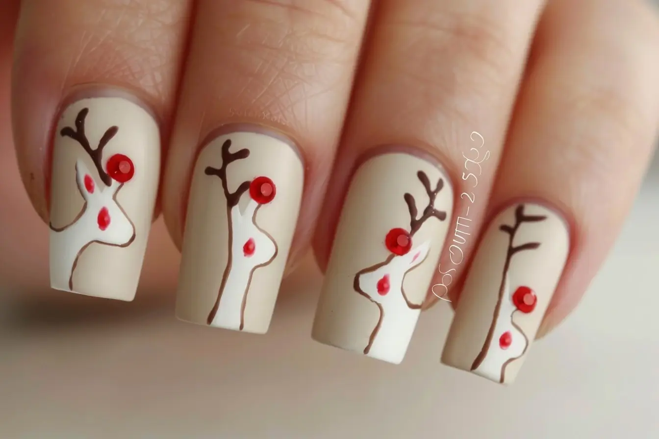 Cute Red Reindeer White Almond Nail Art Design
