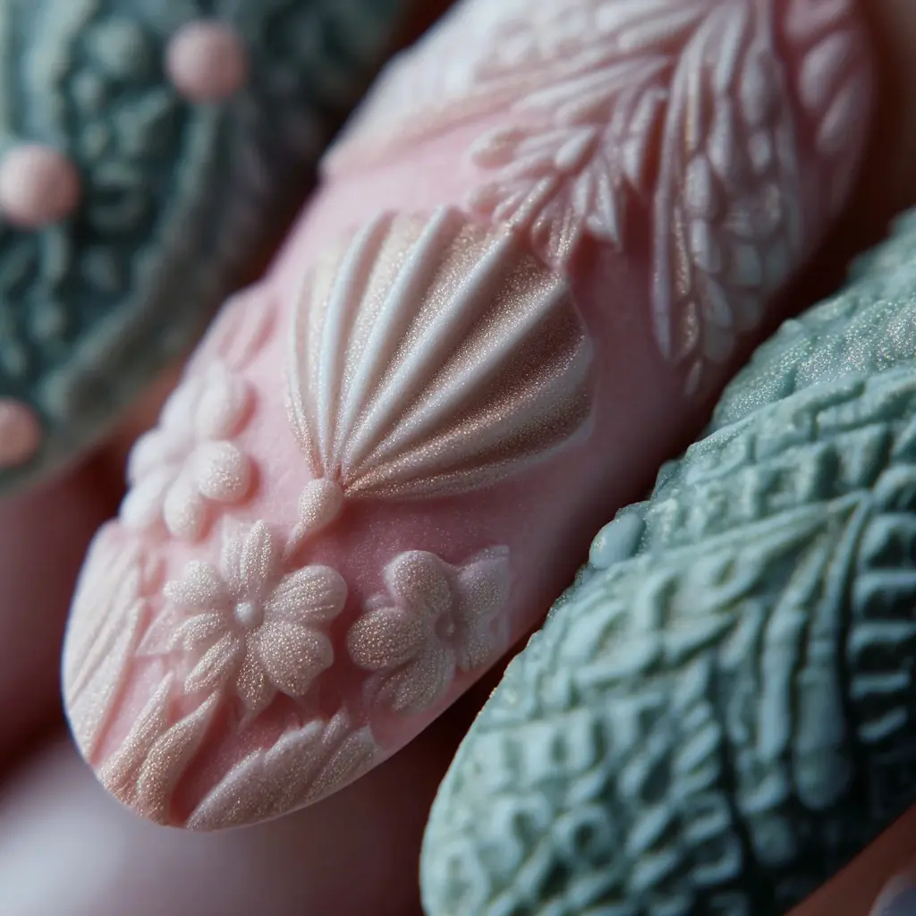 pink and pastel coffin long nails with floral and abstract