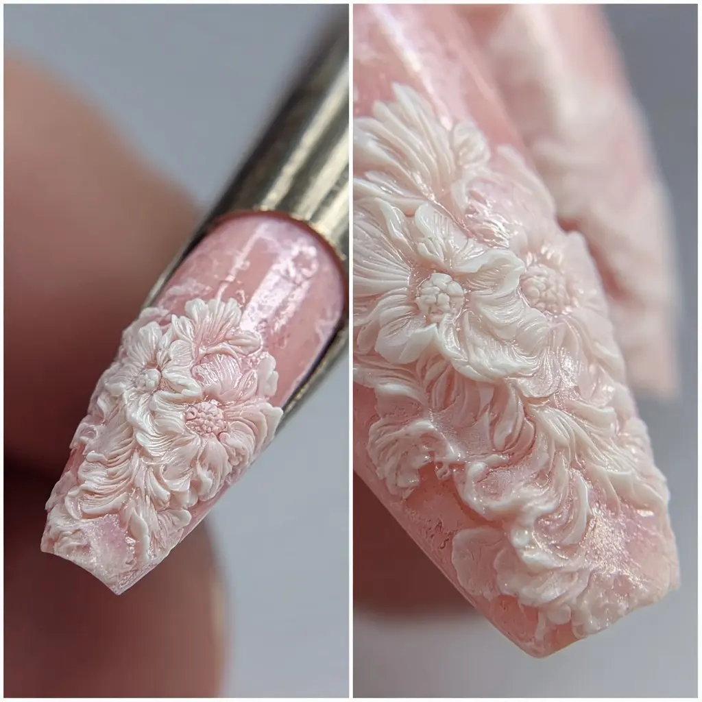 white and pink square medium nails with floral and glossy