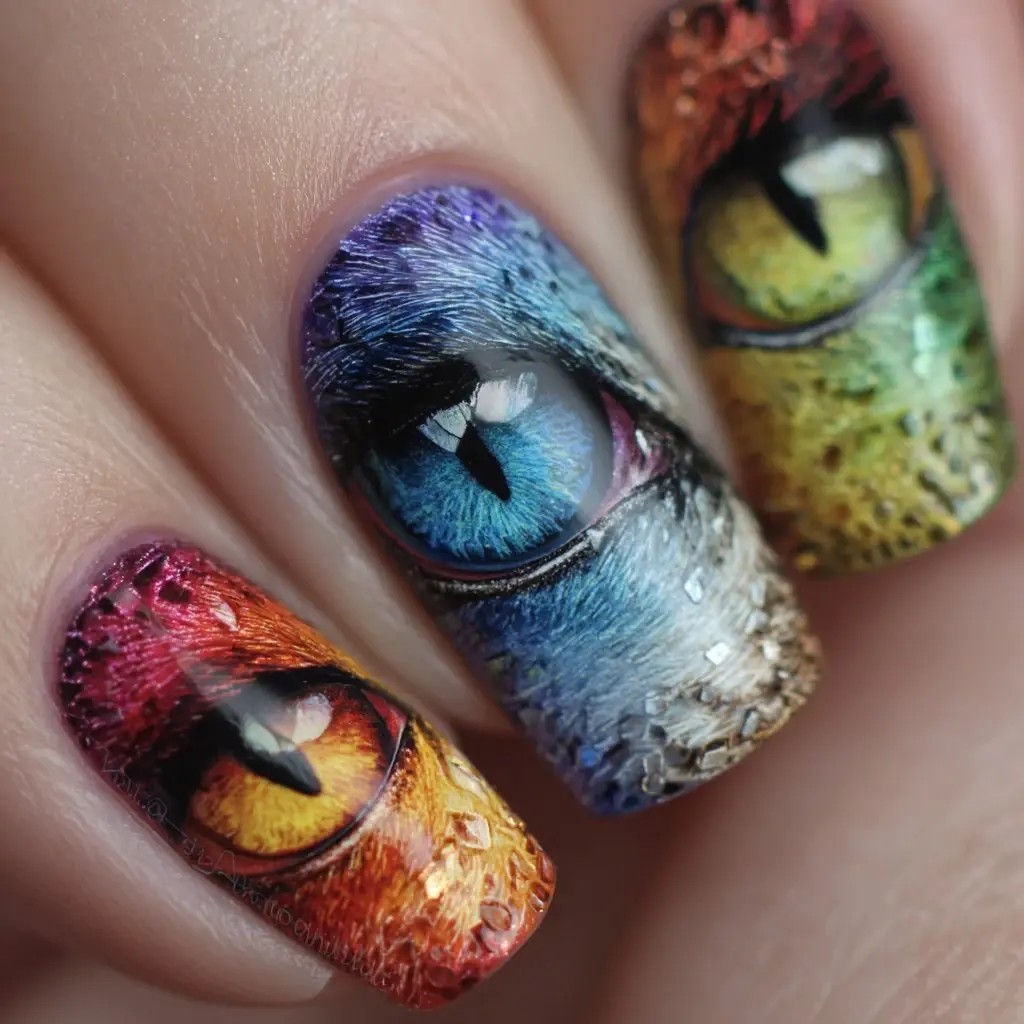 blue and green coffin long nails with 3d and abstract