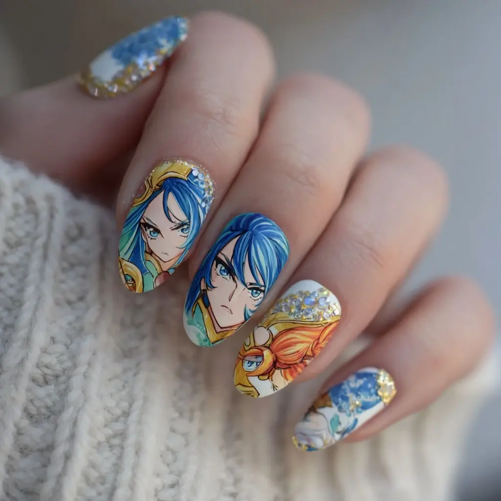 blue and yellow coffin long nails with abstract and 3d