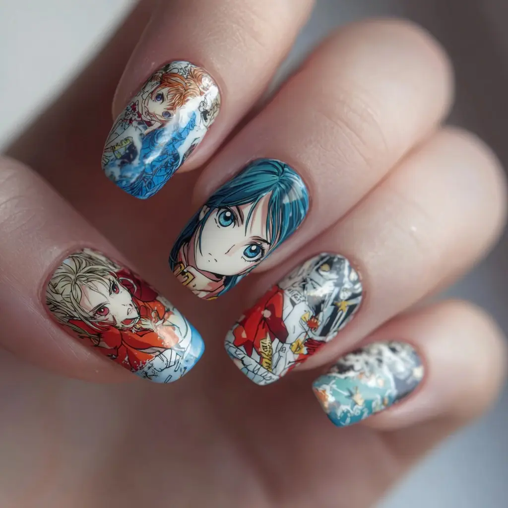 blue and red coffin medium nails with abstract and 3d