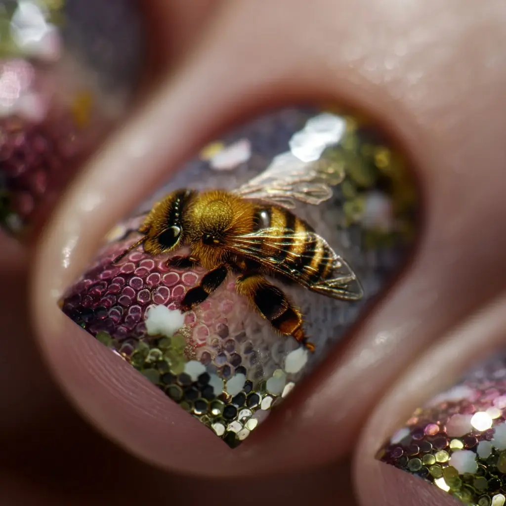 purple and gold coffin long nails with glitter and 3d