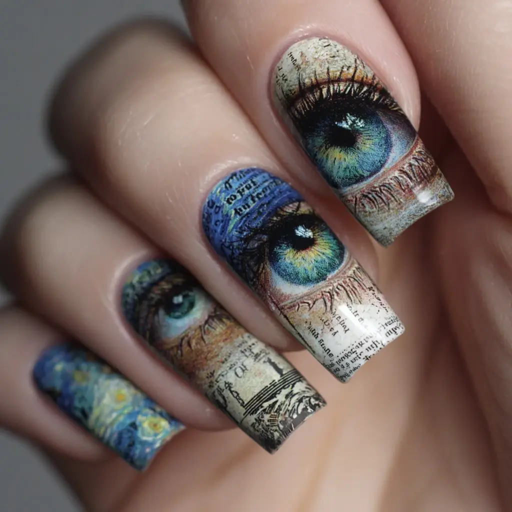 blue and green coffin long nails with abstract and 3d