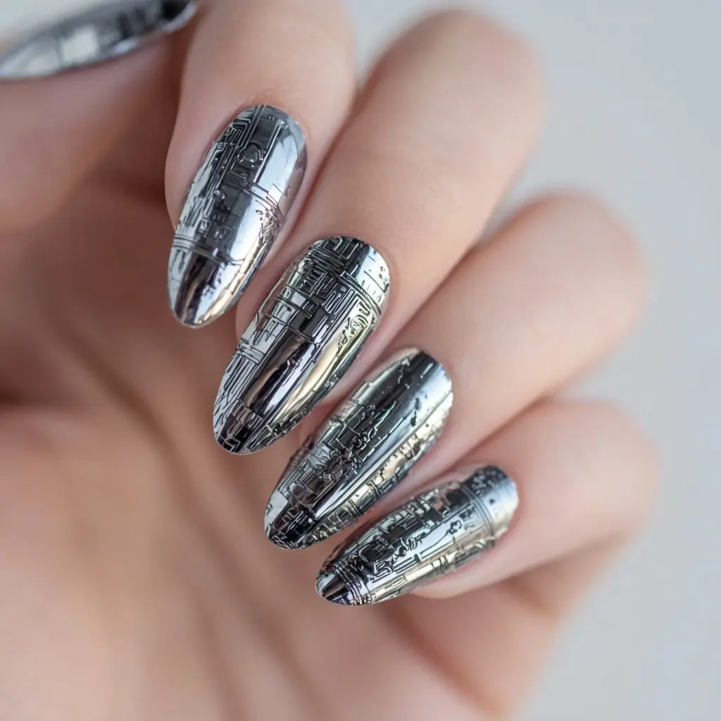silver and metallic coffin long nails with 3d and geometric