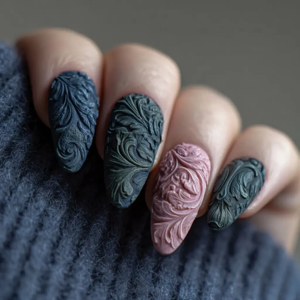 blue and pink coffin medium nails with 3d and floral