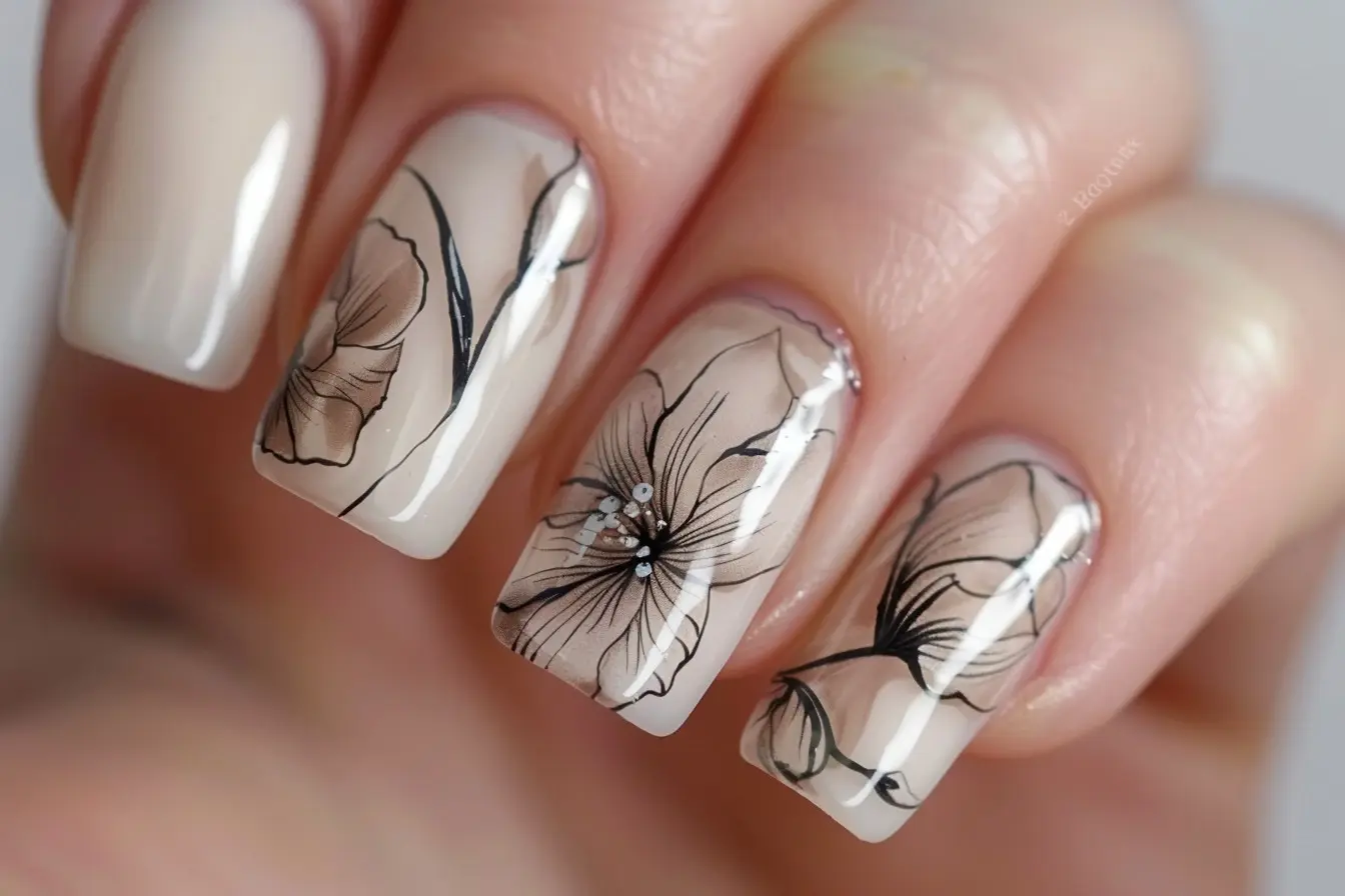 Elegant Black Floral Coffin Nail Art Design